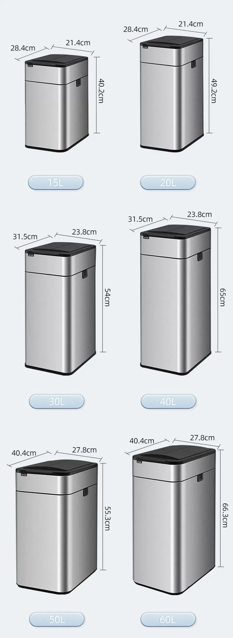 Poubelle à capteur intelligent de 20 litres, 15l, 30l, 40l, 50l, en acier inoxydable, cuisine automatique, grande poubelle électronique de 60l